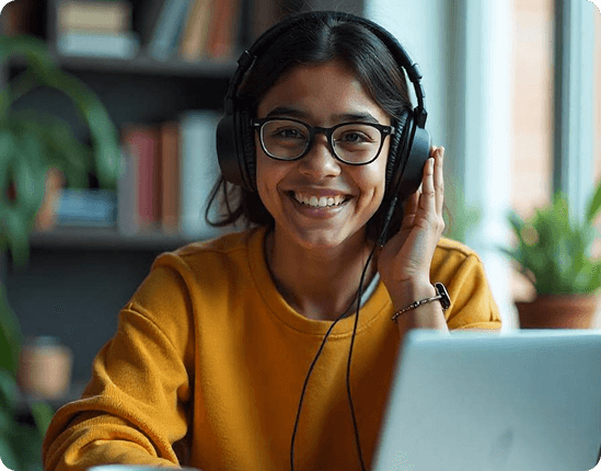 Happy student learning online with headphones and laptop